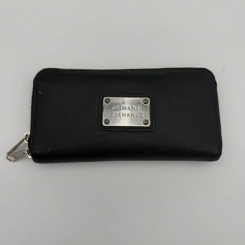 Armani Exchange A/X Black Zip-Around Wallet Genuine Leather luxury women purse